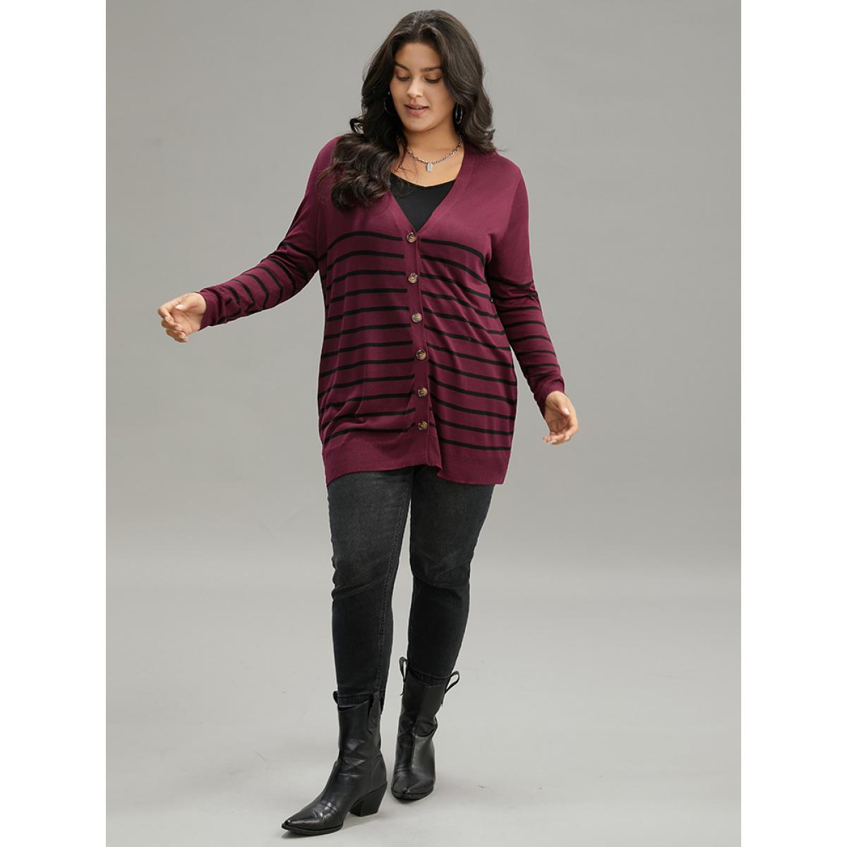 Plus Size Supersoft Essentials Striped Button Fly Tunic Cardigan Burgundy Women Casual Loose Long Sleeve Dailywear Cardigans BloomChic 30/6X Product Image