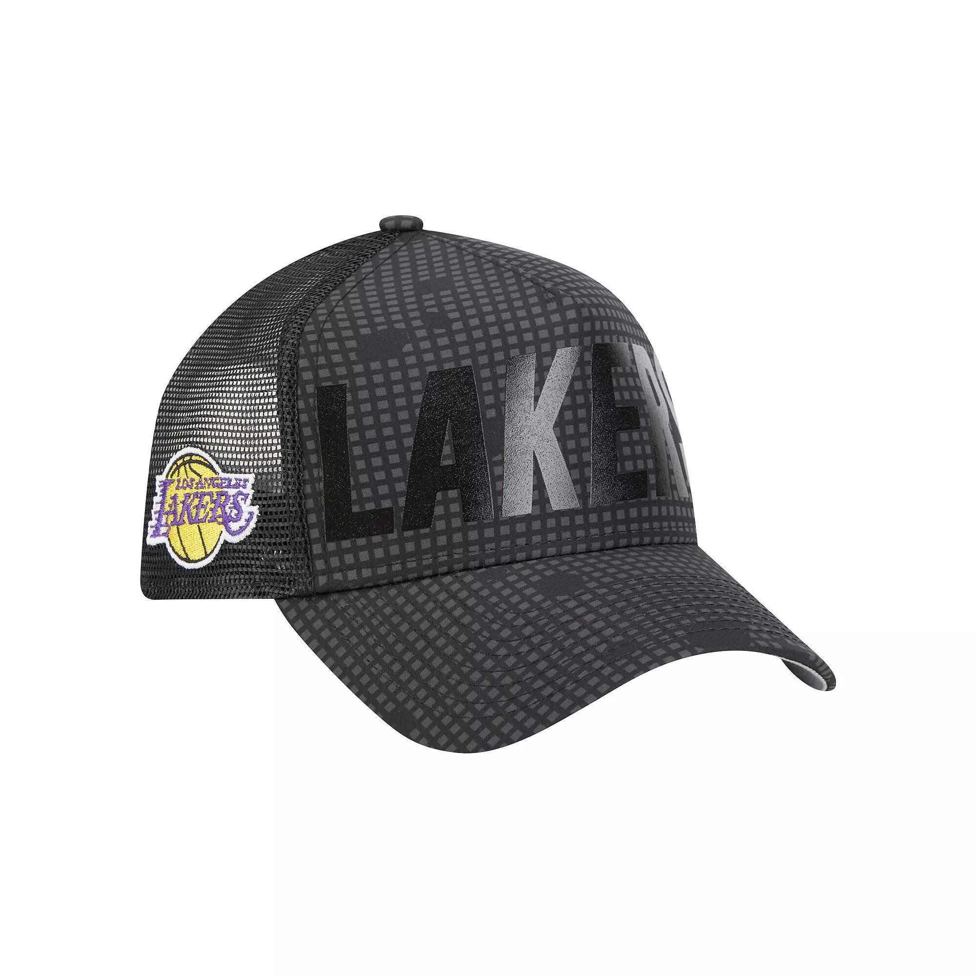 Men's New Era Black Los Angeles Lakers Midnight Ink Tonal A-Frame Trucker 9FORTY Adjustable Hat Product Image