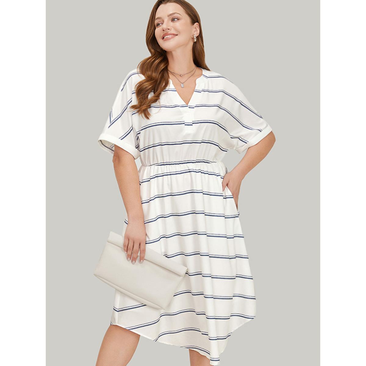 Plus Size Striped Notched Neck Pocket Roll Batwing Sleeve Dress White Women Office Lined Notched collar Short sleeve Curvy Midi Dress BloomChic 26/4X Product Image