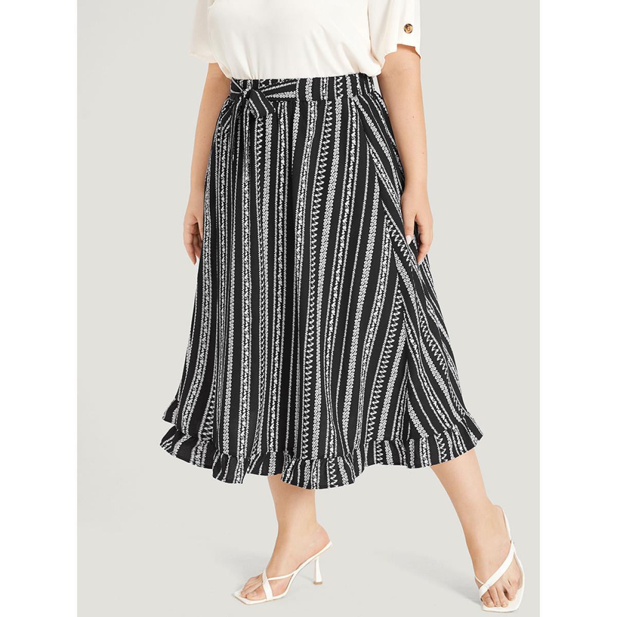 Plus Size Striped Bowknot Pocket Ruffle Trim Skirt Women Black Office Cross straps No stretch Pocket Work Skirts BloomChic 28/5X Product Image