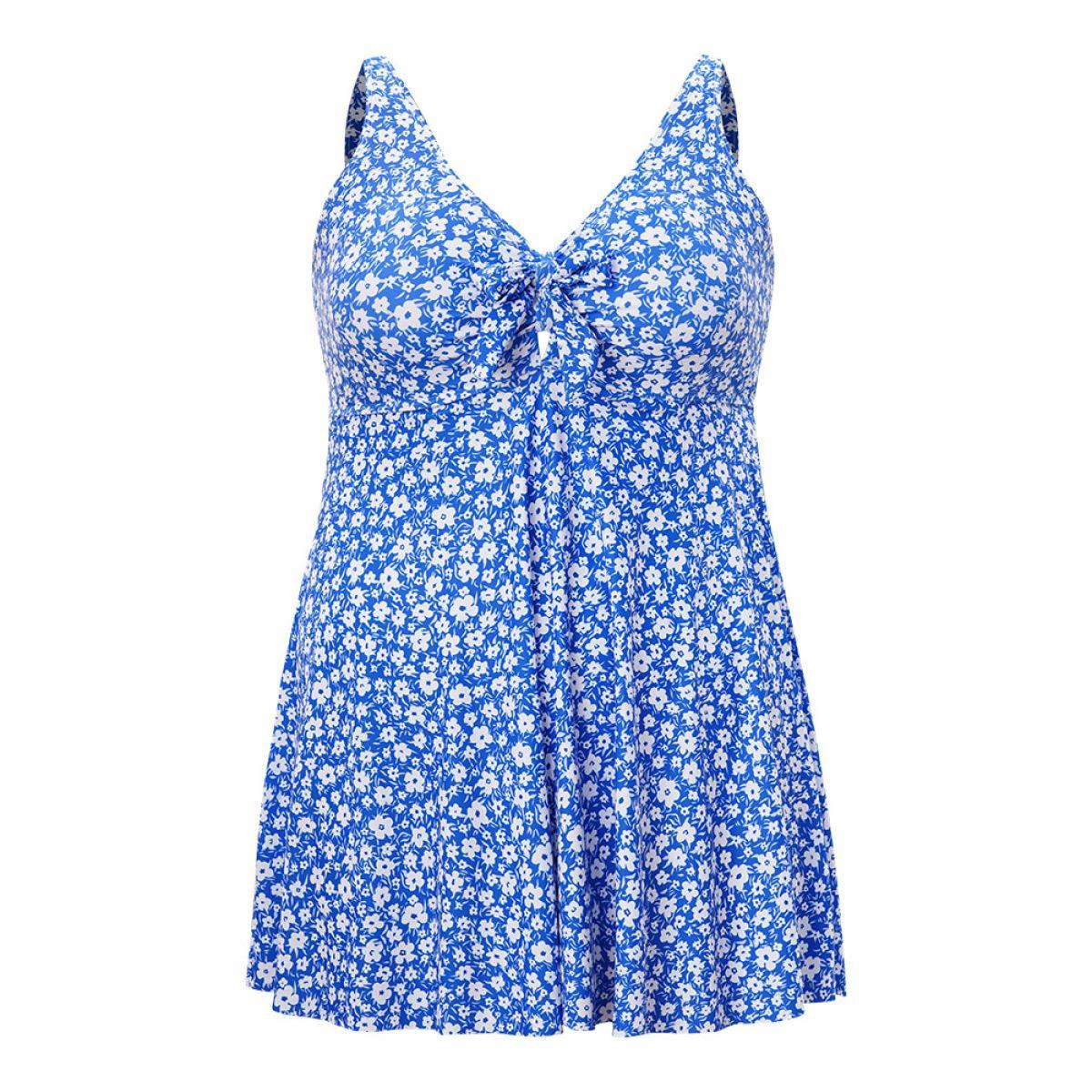 Plus Size Ditsy Floral Ruffle Knotted Front Swim Dress Women's Swimwear Blue Vacation Bodycon V-neck High stretch Curve Swim Dresses BloomChic 26/4X Product Image