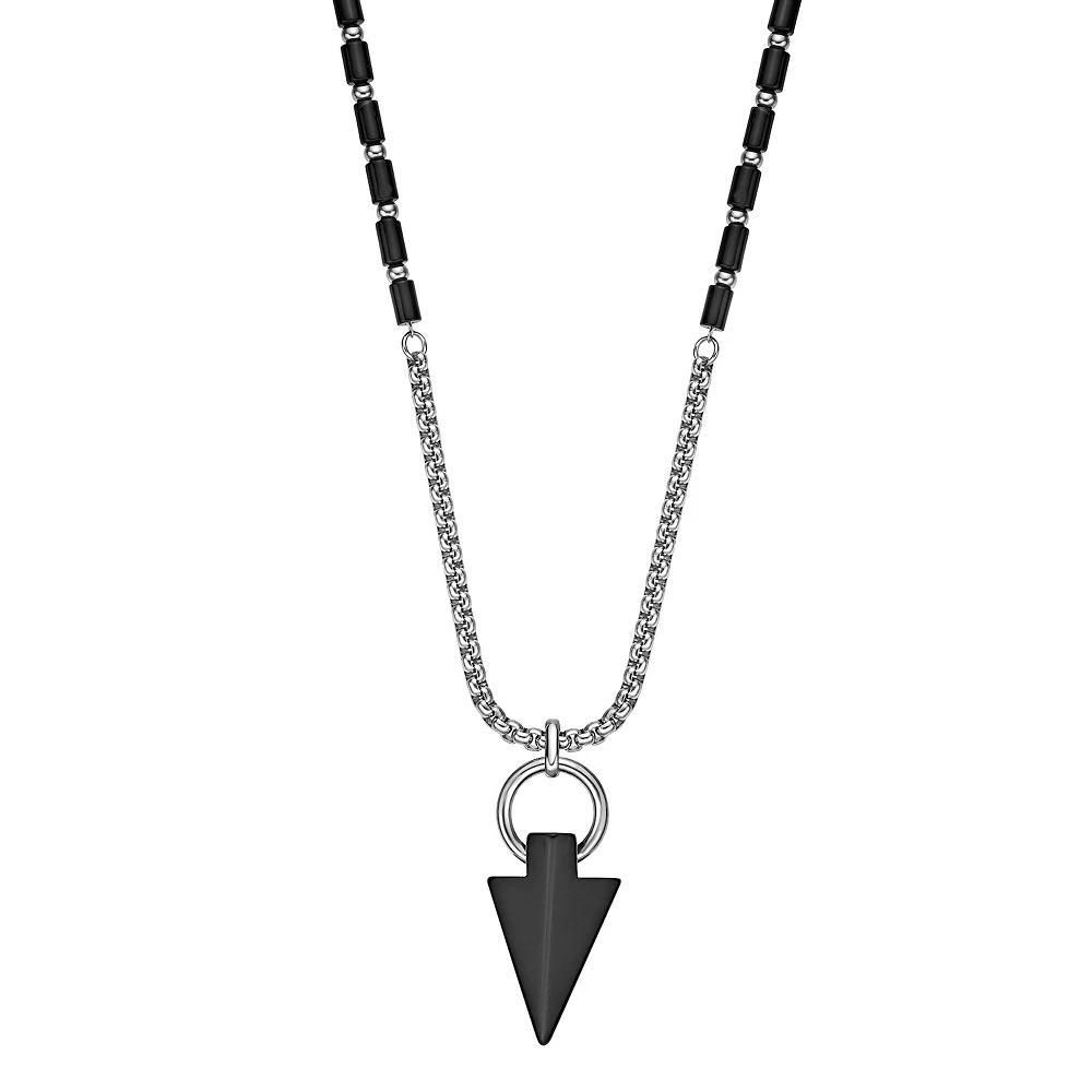 Mens LYNX Stainless Steel Black Agate Arrow Head Pendant Necklace Product Image