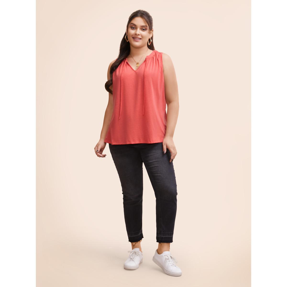 Plus Size Solid Tie Knot Gathered Tank Top Women Salmon Casual Tie knot V-neck Everyday Tank Tops Camis BloomChic 30/6X Product Image
