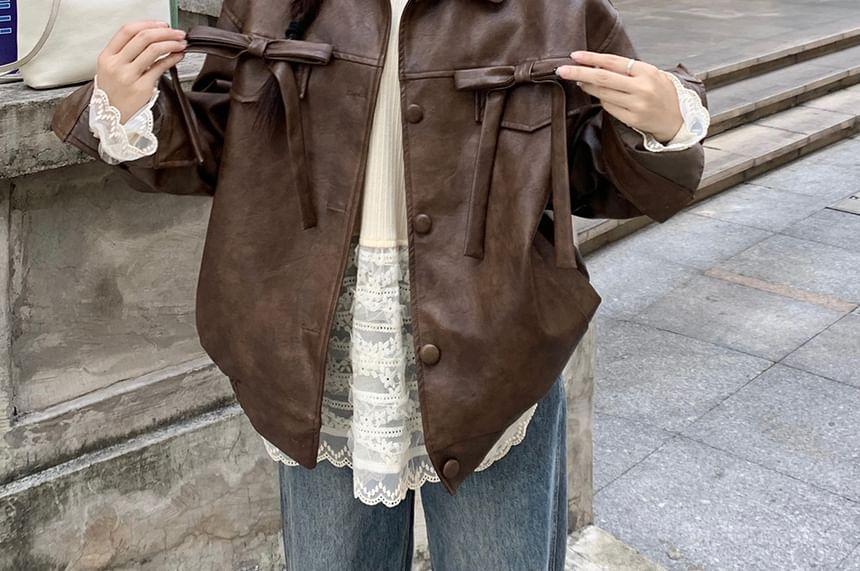 Long Sleeve Faux Leather Bow Accent Loose-Fit Jacket / Long Sleeve Plain Lace Panel Top Product Image