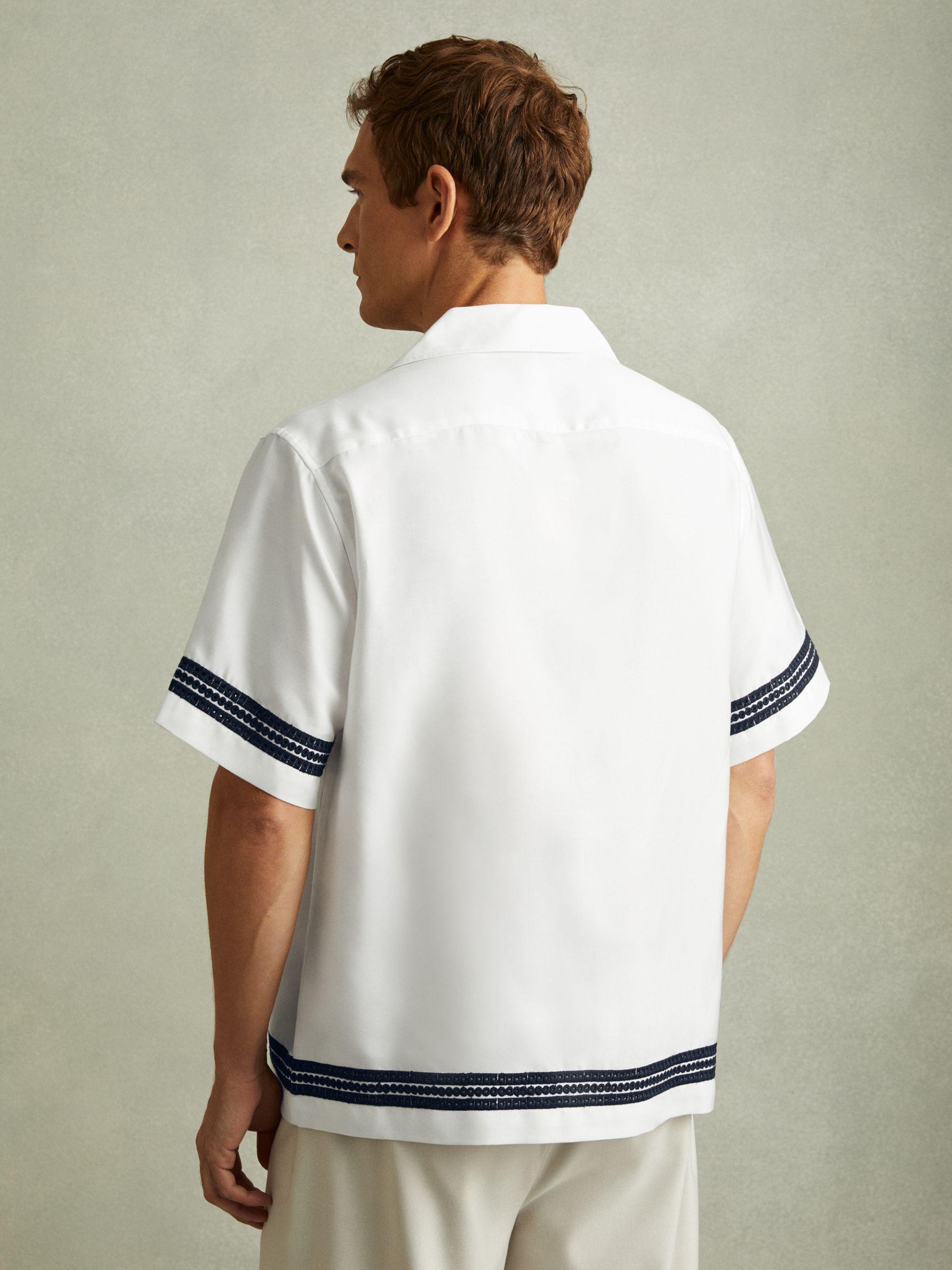 Relaxed Embroidered Trim Cuban Collar Shirt in White/Navy Product Image