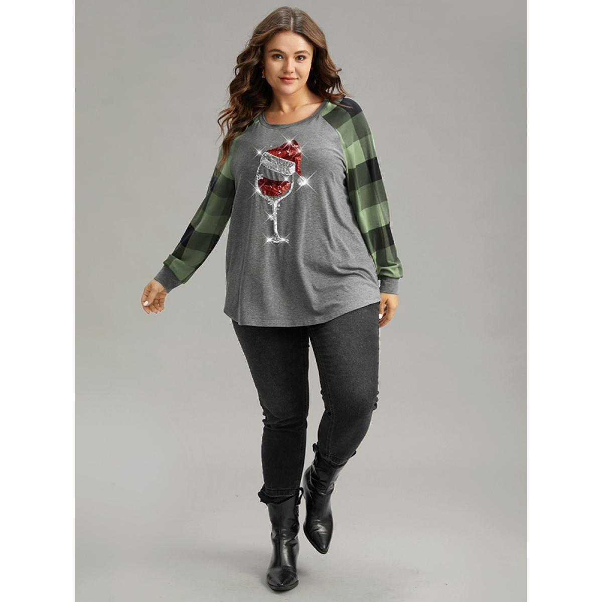 Plus Size Christmas Sequin Plaid Patchwork T-shirt Green Women Casual Sequin Christmas Festival-Christmas T-shirts BloomChic 22-24/3X Product Image
