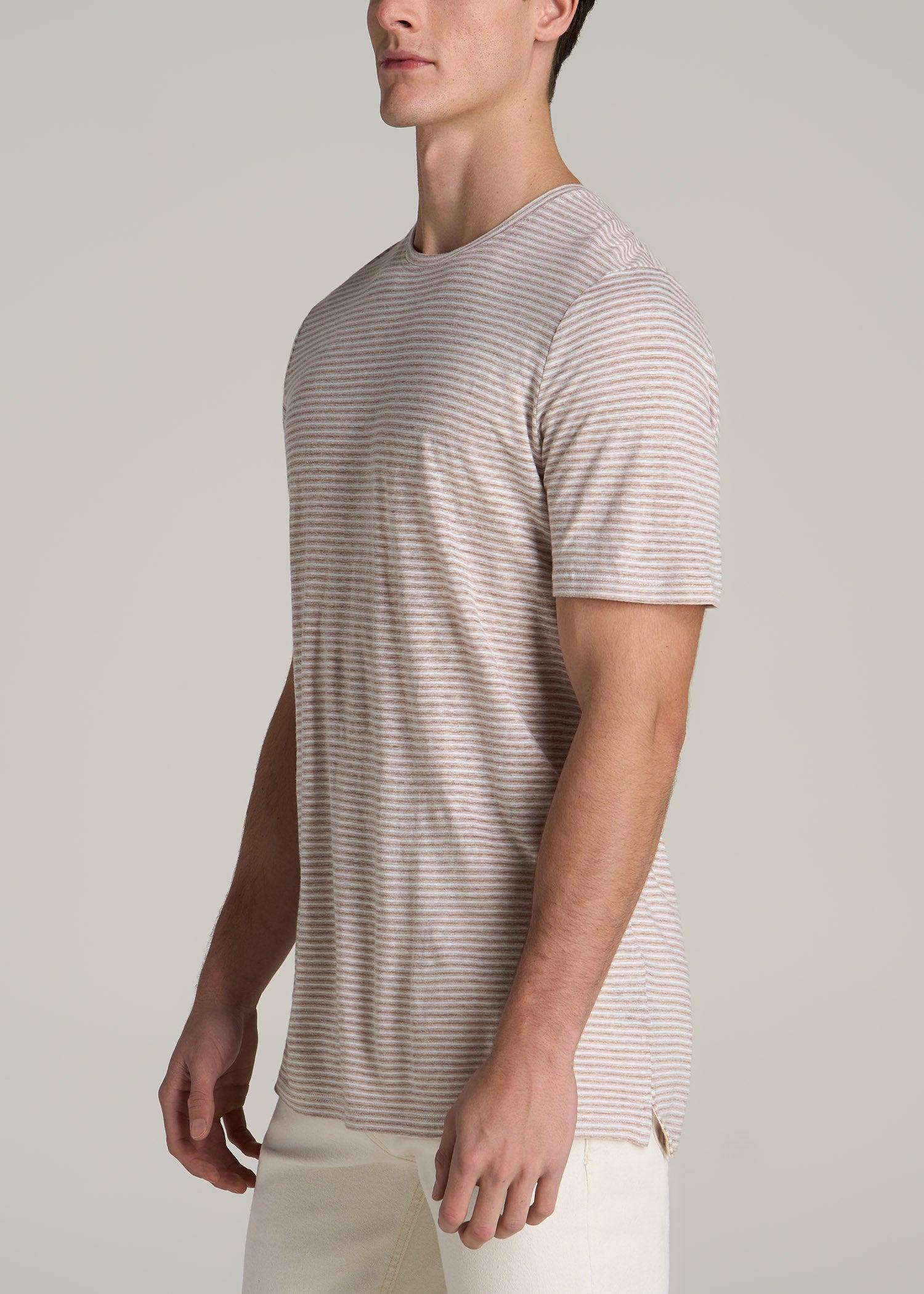 Linen Crewneck T-Shirt for Tall Men in Beige and White Stripe Product Image