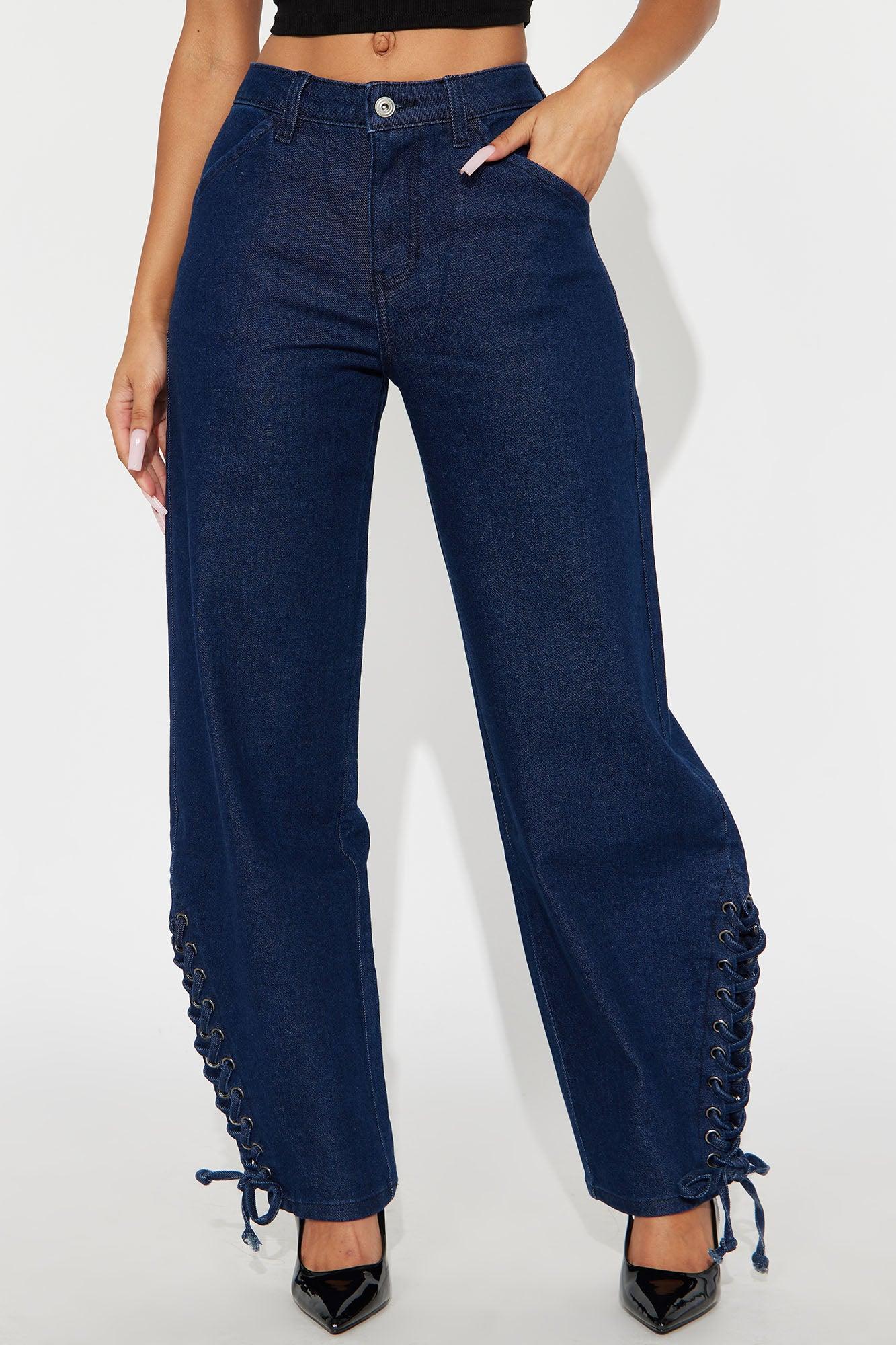 Lace It Up Barrel Leg Jeans - Dark Wash Product Image