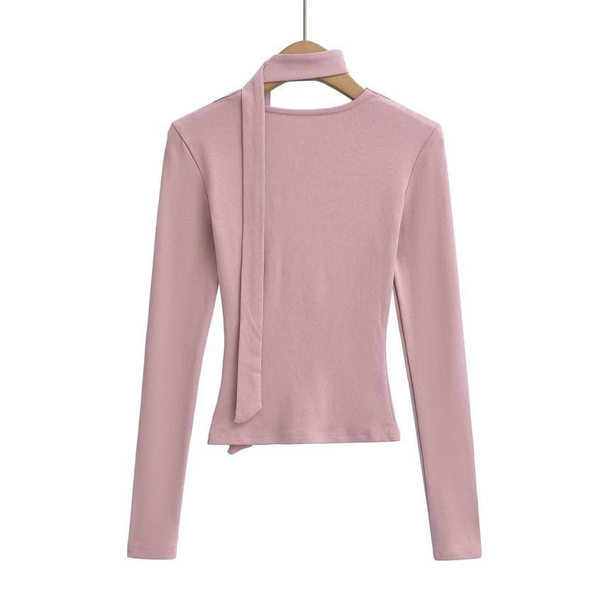 Set: Long-Sleeve V-Neck Plain Top + Scarf Product Image