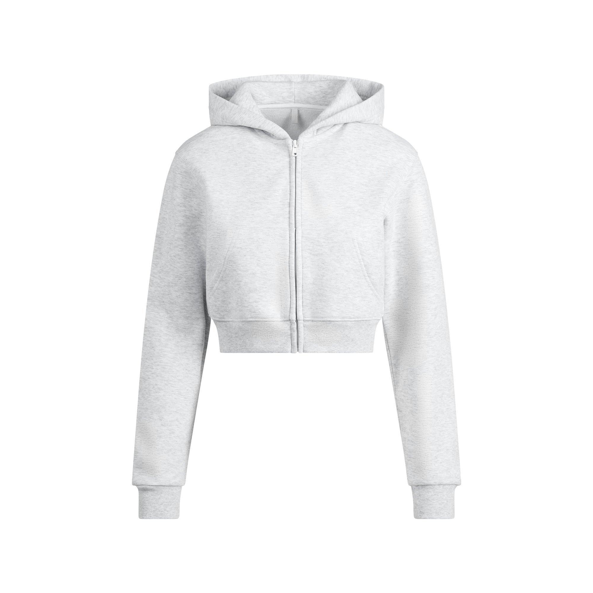 COTTON FLEECE CROPPED ZIP UP HOODIE | LIGHT HEATHER GREY Product Image