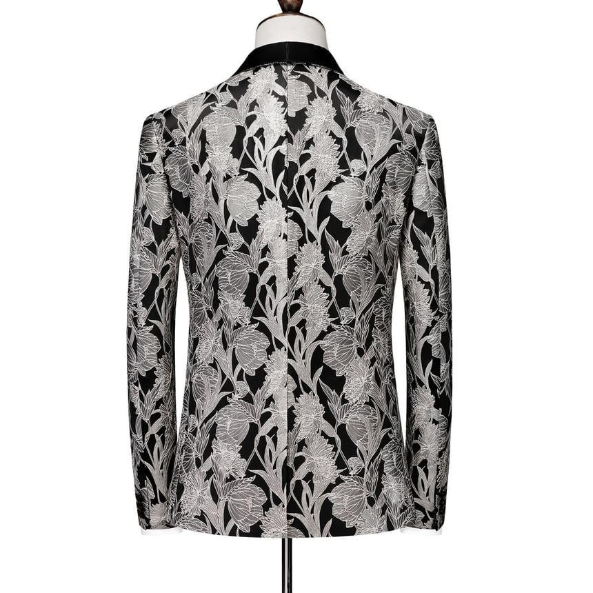 Lapel Collar Floral Single Breasted Blazer / V-Neck Vest / Mid Rise Plain Wide Leg Dress Pants / Set Product Image
