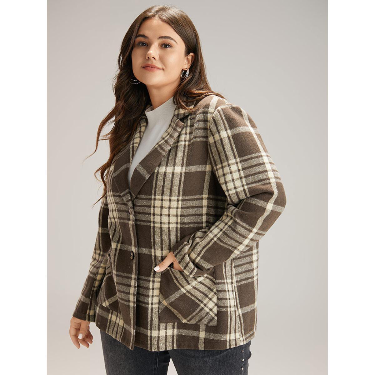 Plus Size Plaid Patched Pocket Button Through Coat Women DarkBrown Casual Contrast Ladies Dailywear Winter Coats BloomChic 26/4X Product Image