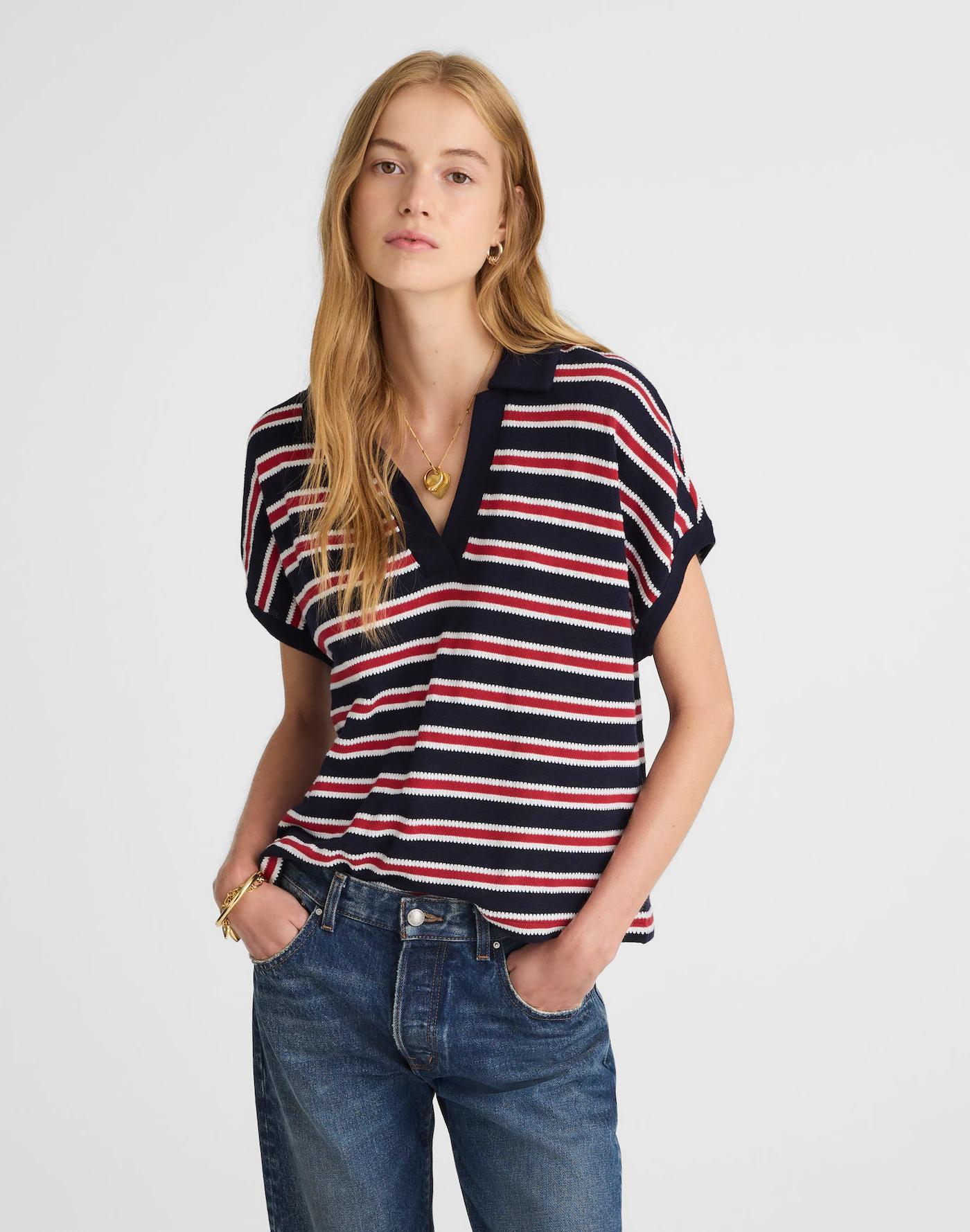 Relaxed V-Neck Polo Shirt in Stripe Product Image