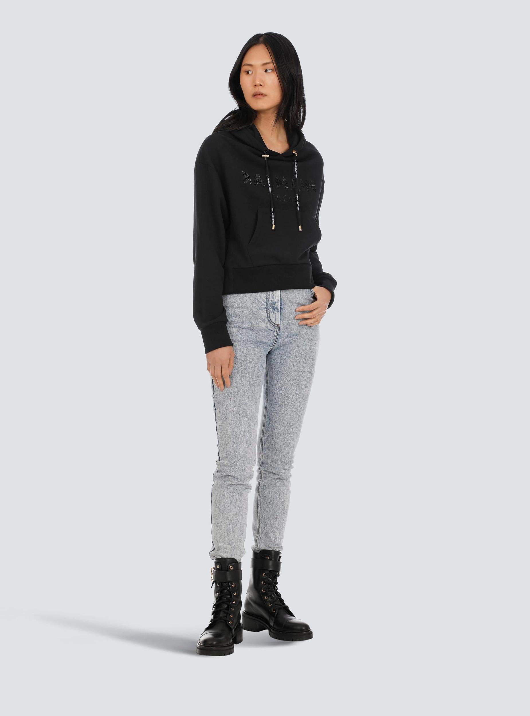 Cropped eco-designed cotton sweatshirt with rhinestone Balmain logo Product Image
