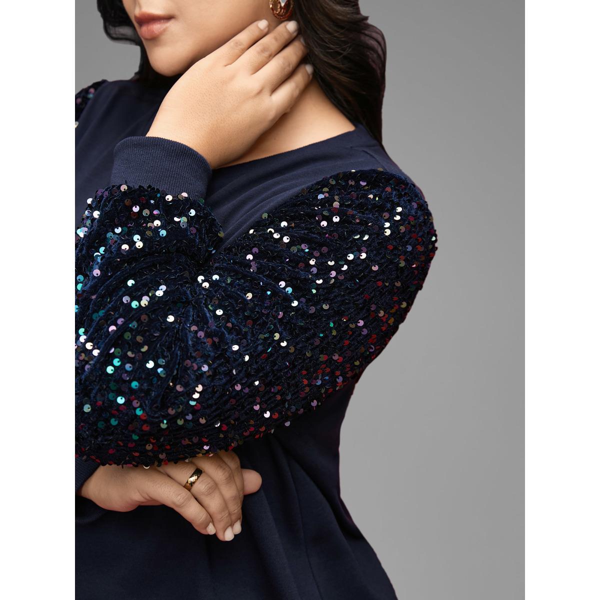Plus Size Sequin Sleeves Velvet Panel Sweatshirt Women Indigo Casual Patchwork Round Neck Everyday Sweatshirts BloomChic 28/5X Product Image