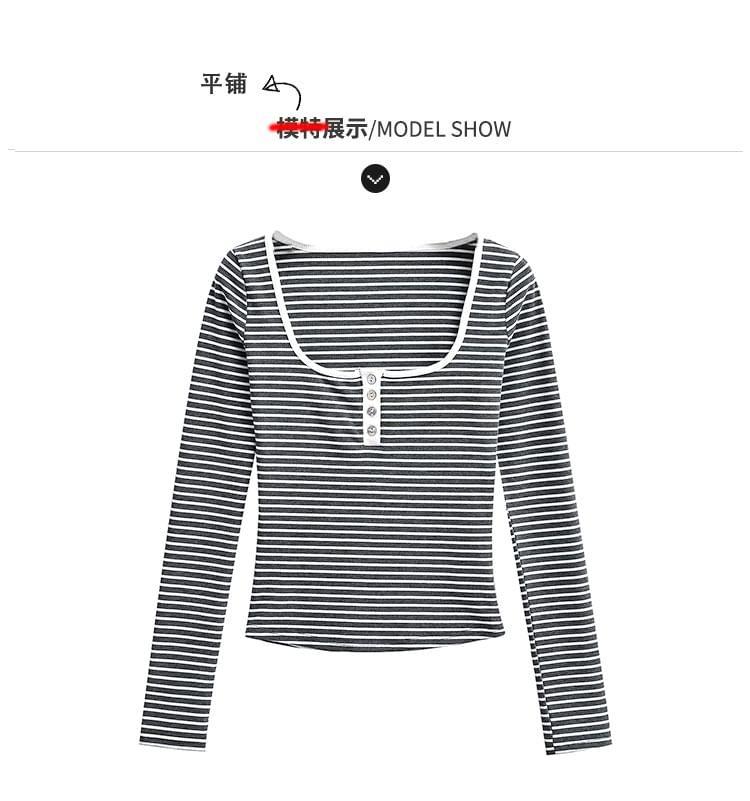 Striped Scoop-Neck Henley T-Shirt Product Image