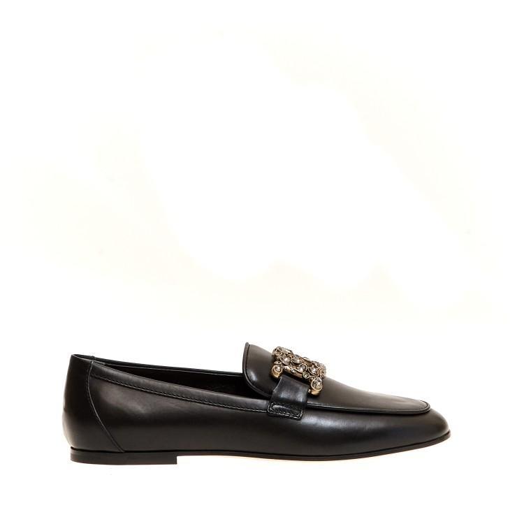 TOD'S Black Leather Moccasin With Rhinestone Buckle Product Image