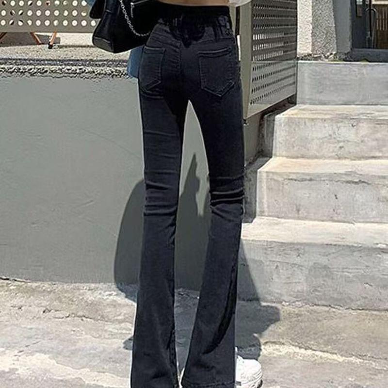 High Waist Plain Slit Flared Jeans Product Image