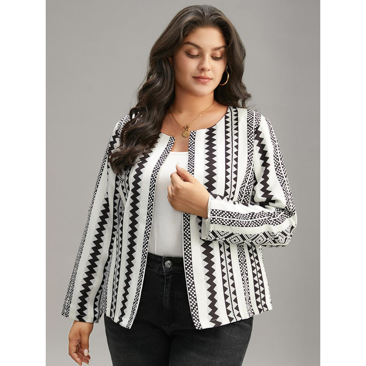 Plus Size Geometric Boho Print Open Front Jacket Women White Resort Contrast Ladies Vacation Winter Coats BloomChic 18-20/2X Product Image