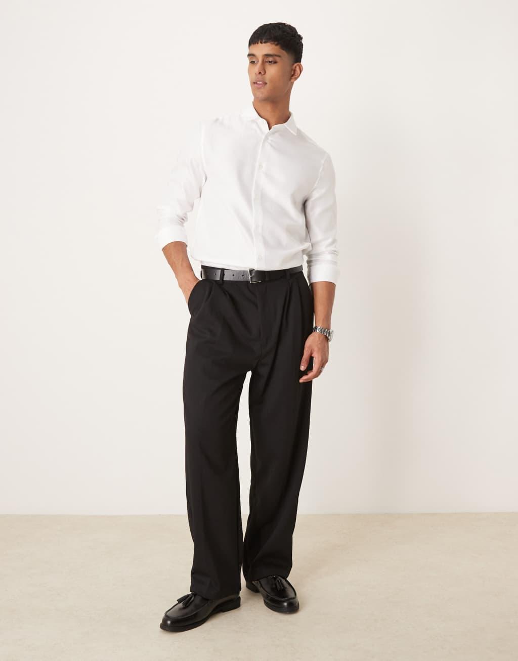 ASOS DESIGN formal easy iron regular shirt in herringbone texture in white Product Image