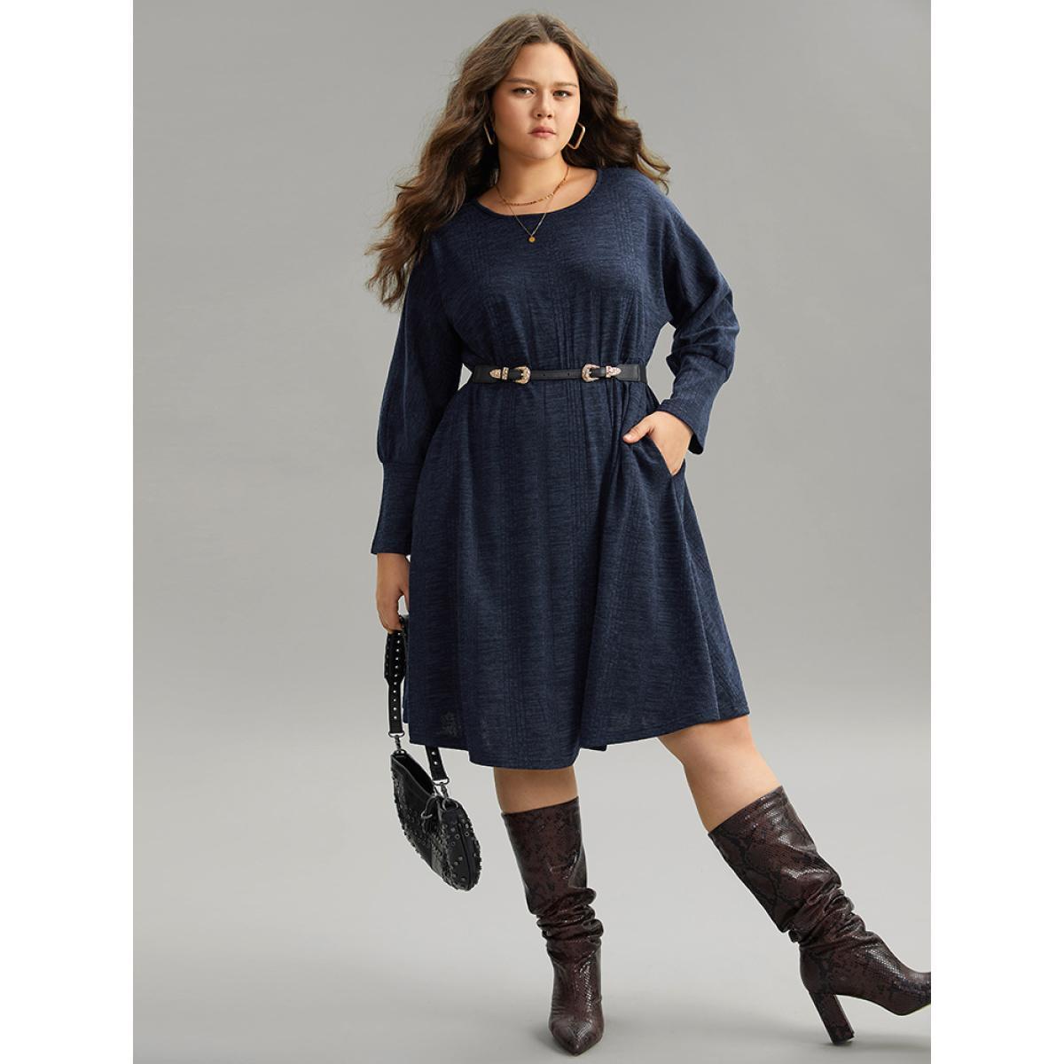Plus Size Plain Textured Pocket Elastic Waist Dress Indigo Women Casual Texture Round Neck Long Sleeve Curvy Midi Dress BloomChic 22-24/3X Product Image