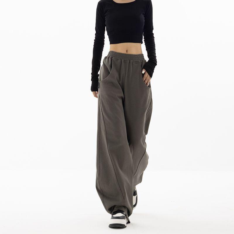 Elastic Waist Plain Wide Leg Sweatpants Product Image