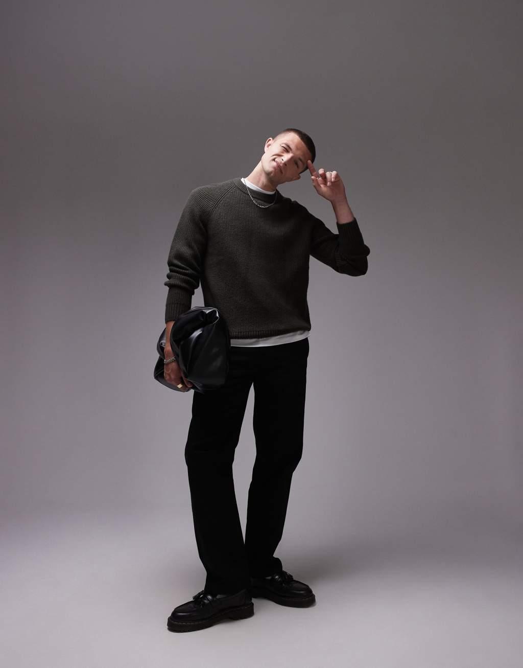 ARKET textured knitted rib sweater with raglan sleeves in khaki green Product Image