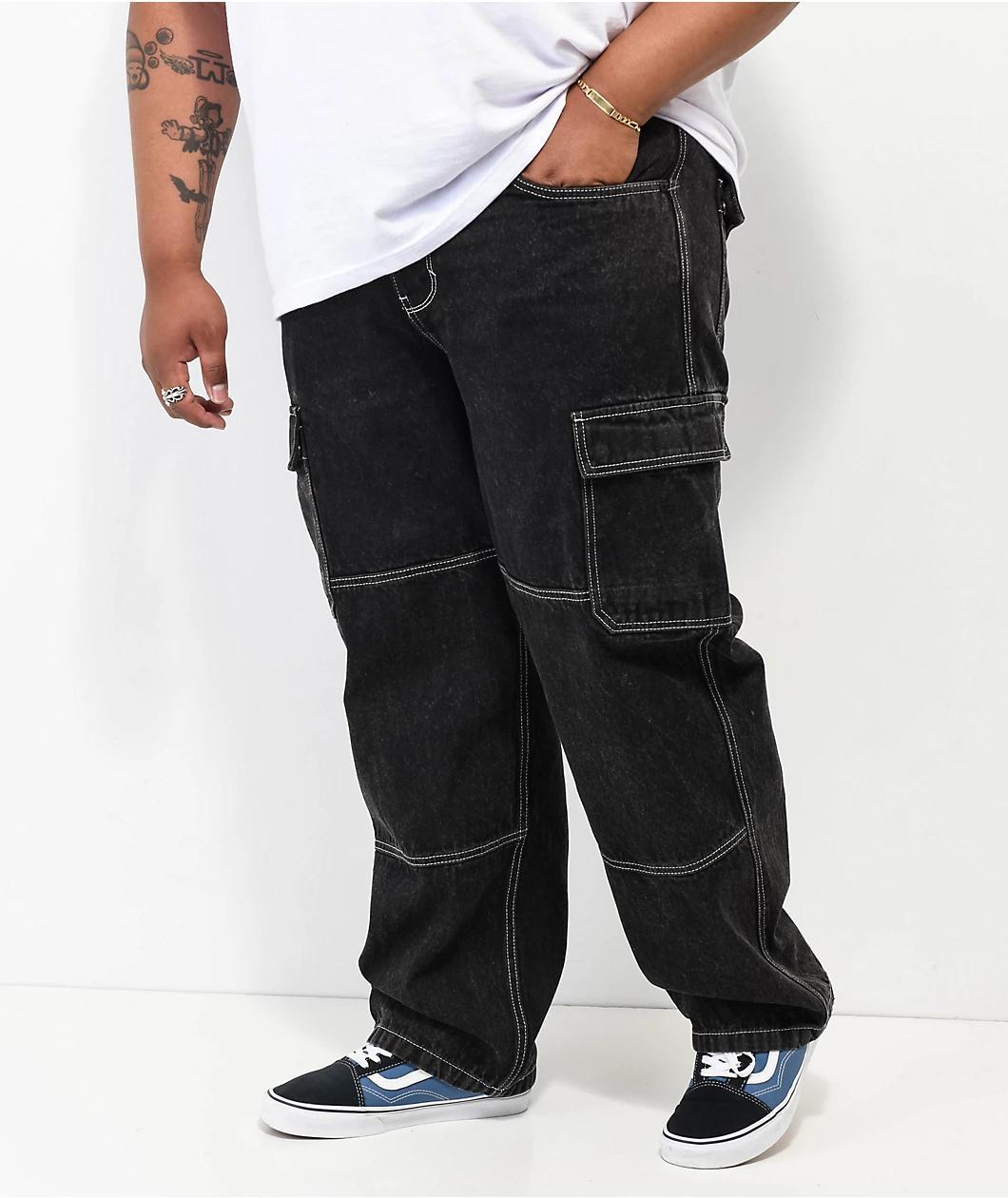 Empyre Loose Fit Black Denim Cargo Skate Jeans Product Image