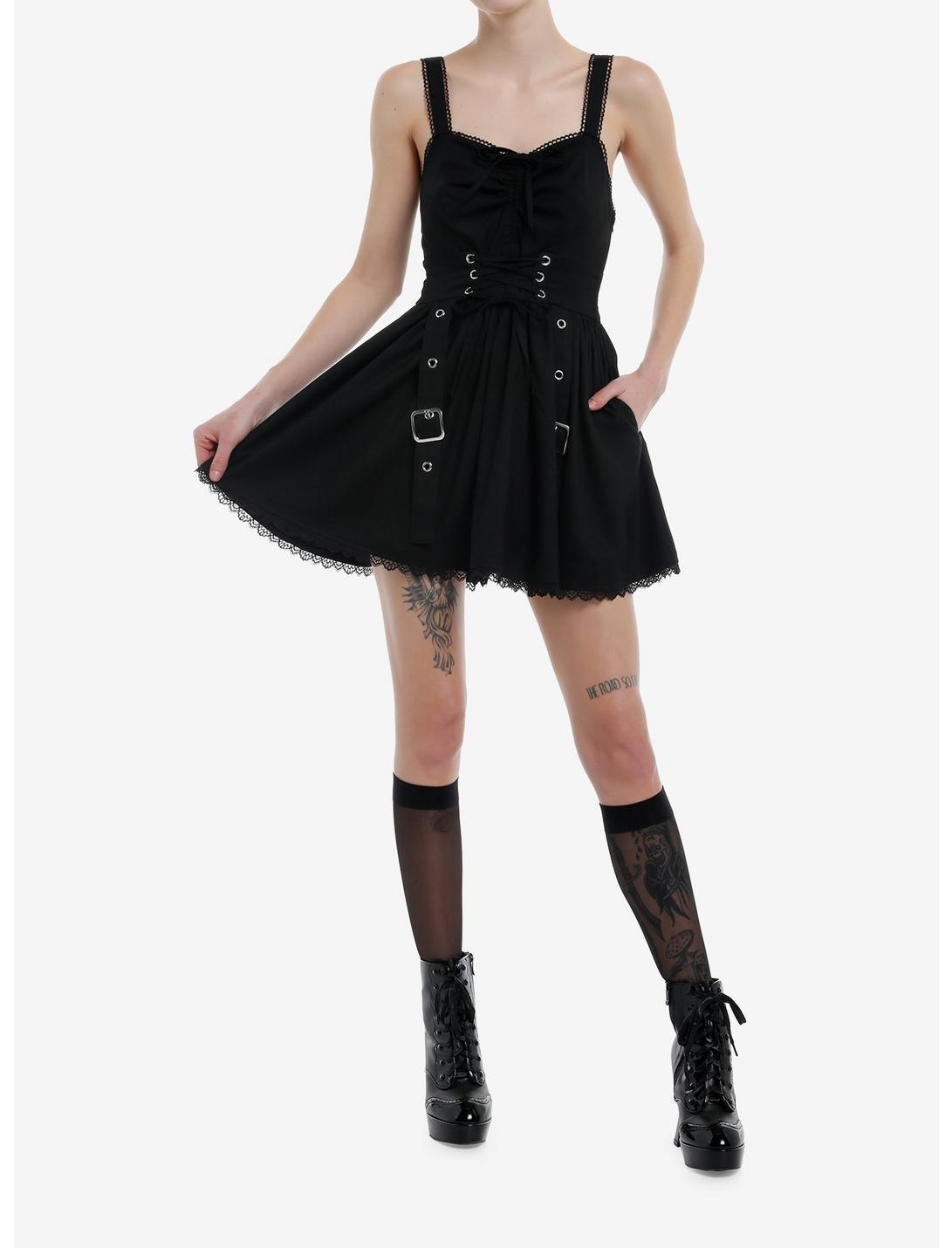 Cosmic Aura Black Lace Grommet Lace-Up Cami Dress Product Image