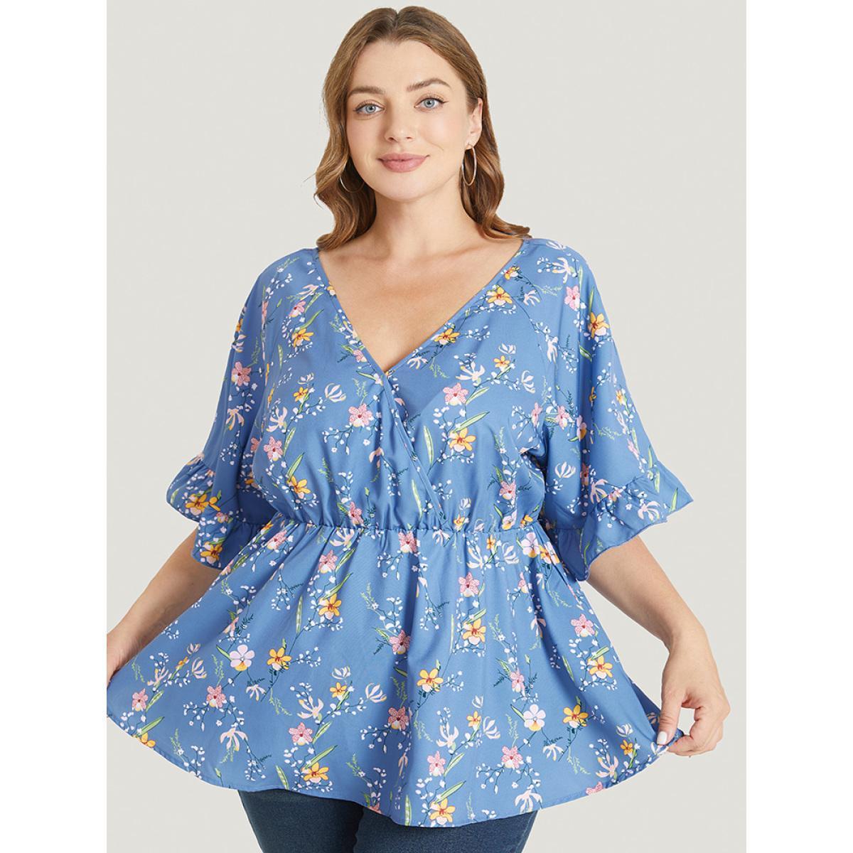 Plus Size Stone Floral Print Ruffles Flounce Sleeve Surplice Neck Blouse Women Elegant Short sleeve V-neck Dailywear Blouses BloomChic 18-20/2X Product Image