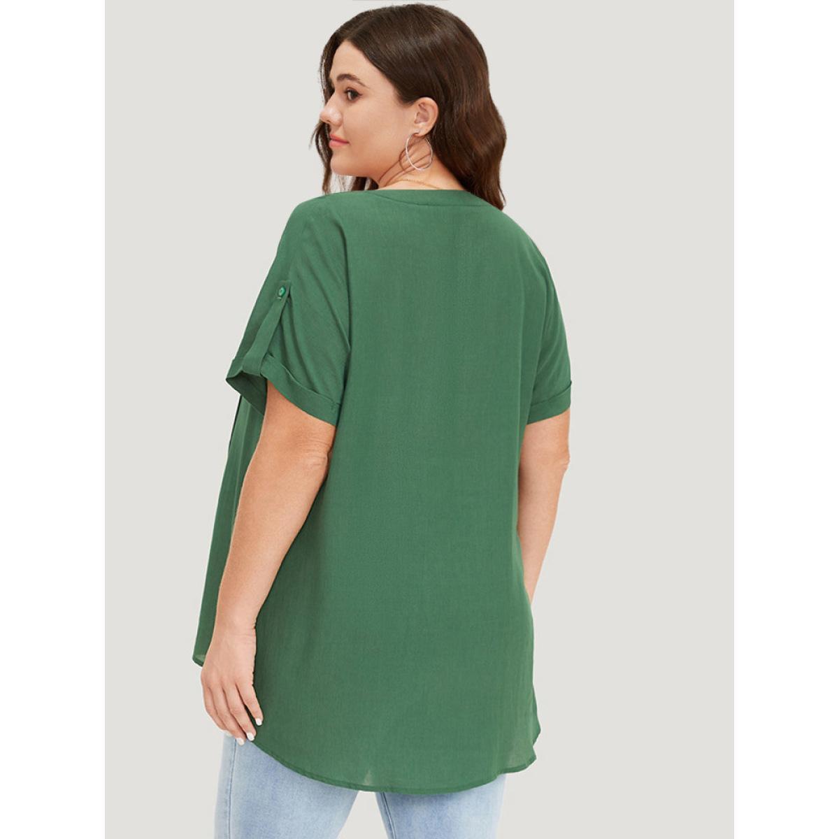 Plus Size ArmyGreen Solid Cuffed Sleeve Pleated Notched Blouse Women Elegant Short sleeve Notched collar Dailywear Blouses BloomChic 12/L Product Image