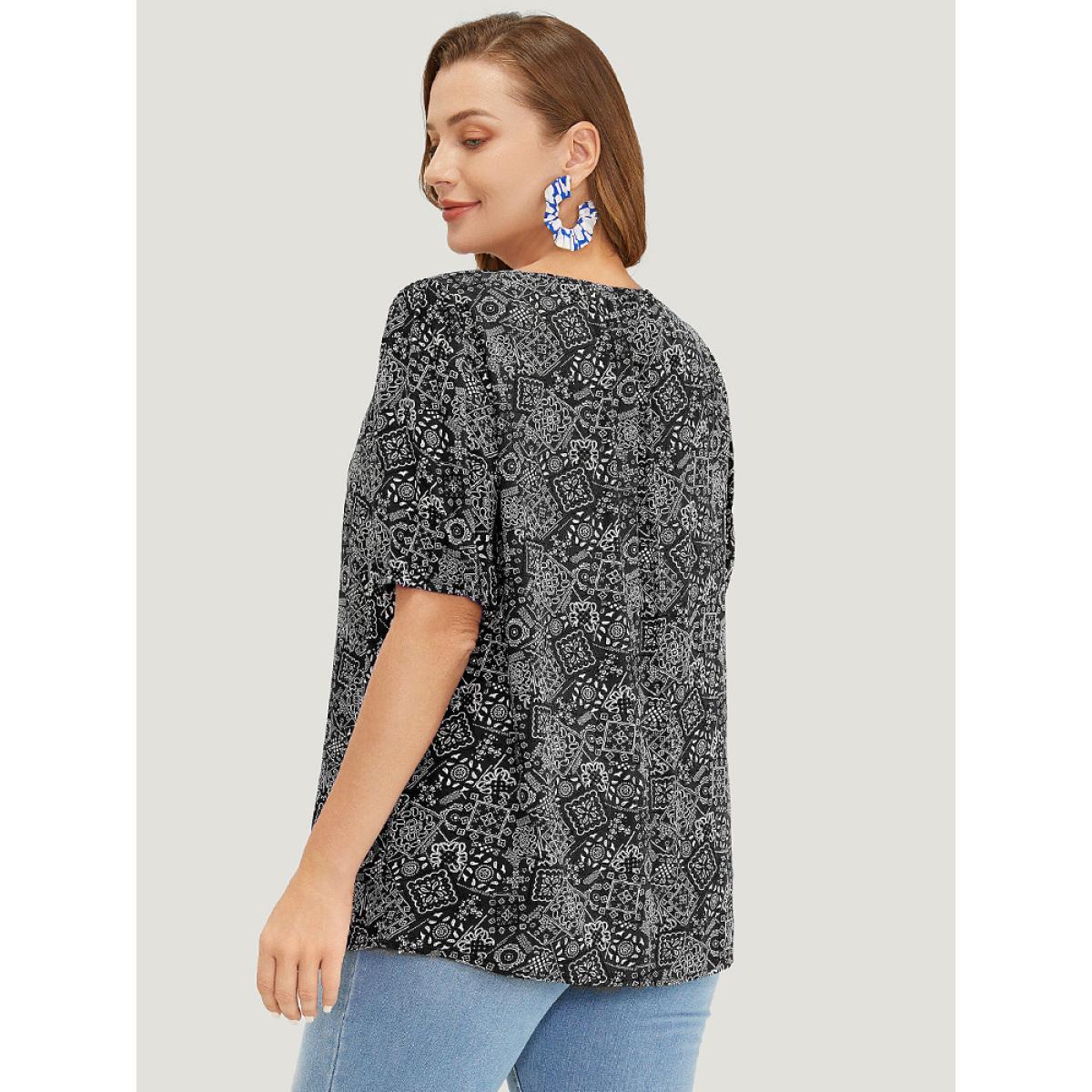 Plus Size Black Moroccan Print Keyhole Tie Neck Blouse Women Vacation Short sleeve V-neck Work Blouses BloomChic 18-20/2X Product Image
