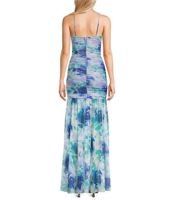 Honey and Rosie Printed Spaghetti Strap Sweetheart Neck Shirred Long Fitted Dress Product Image