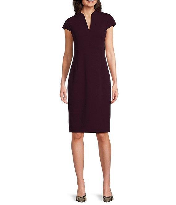 Calvin Klein Short Sleeve Split V-Neck Scuba Crepe Sheath Dress Product Image