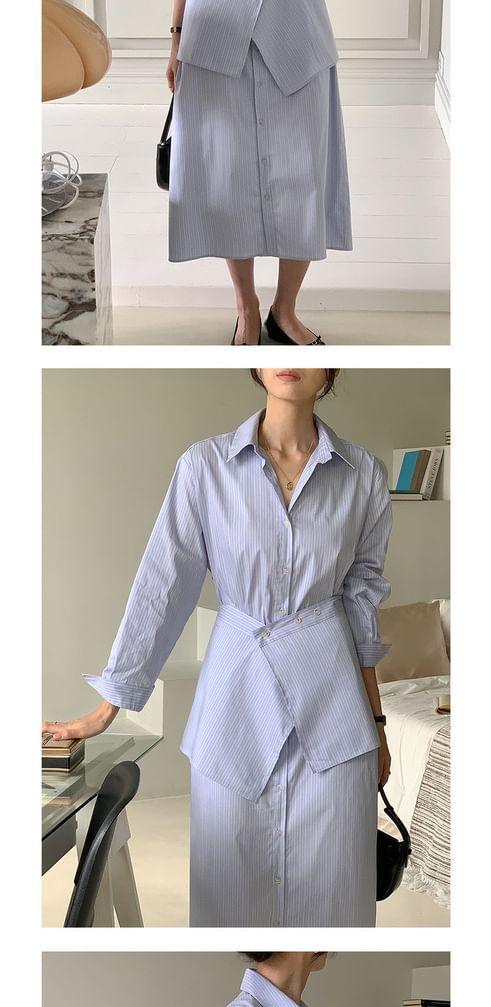Set: Long-Sleeve Striped Midi Shirt Dress + Decorative Hem Product Image