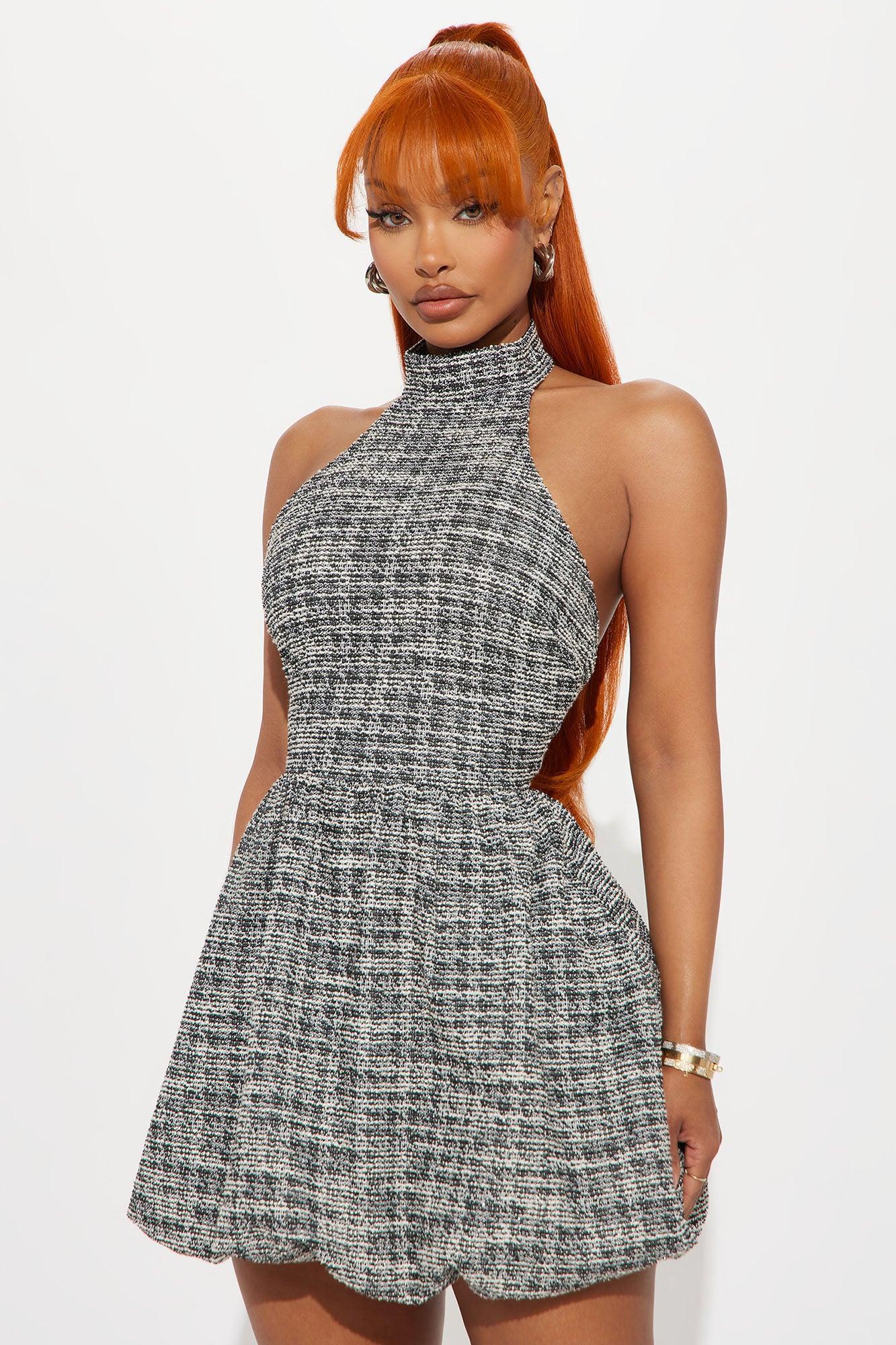 Boss Lady Stretch Tweed Bubble Mini Dress - Black/White Product Image
