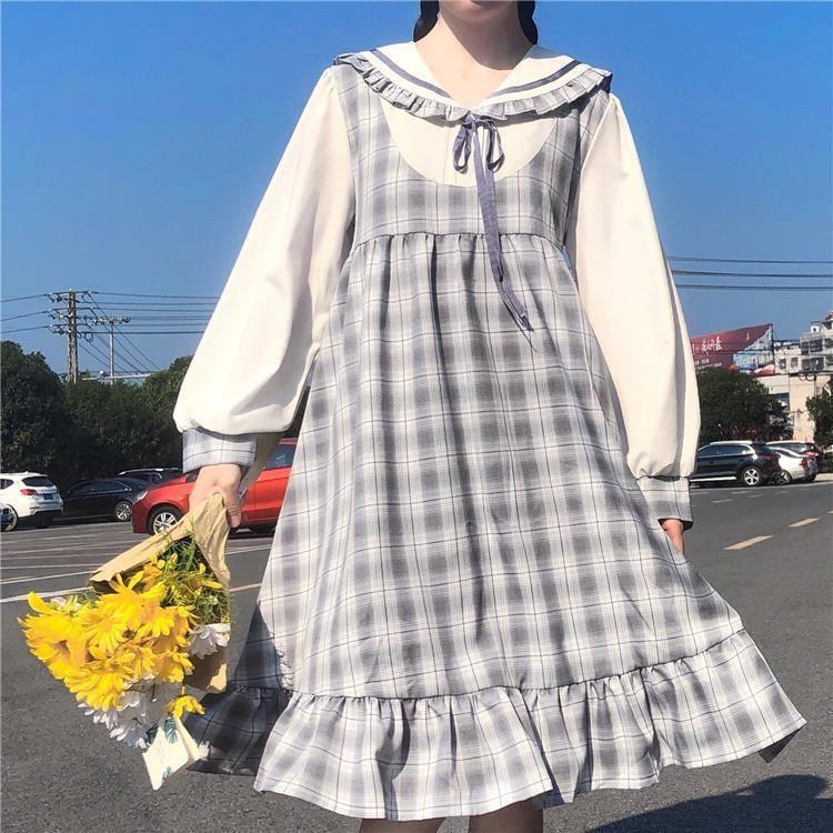 Puff-Sleeve Collar Plaid Bow Smock Dress Product Image