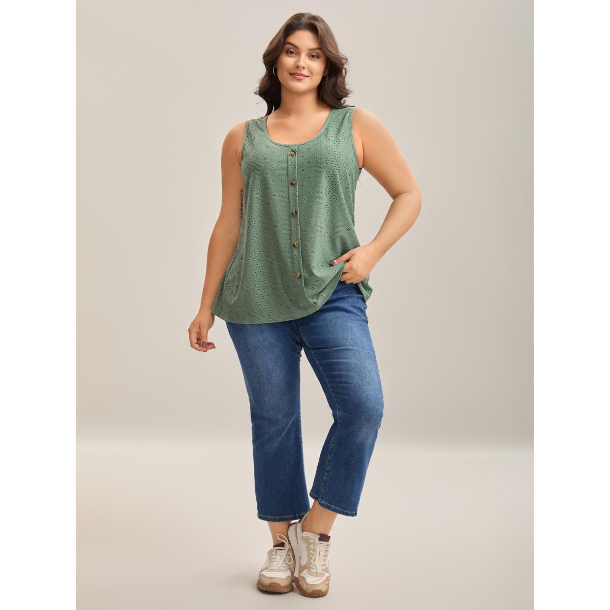 Plus Size Cut-Out Textured Button Detail Tank Top Women Greenbean Texture Round Neck Everyday-Casual Tank Tops Camis BloomChic 30/6X Product Image