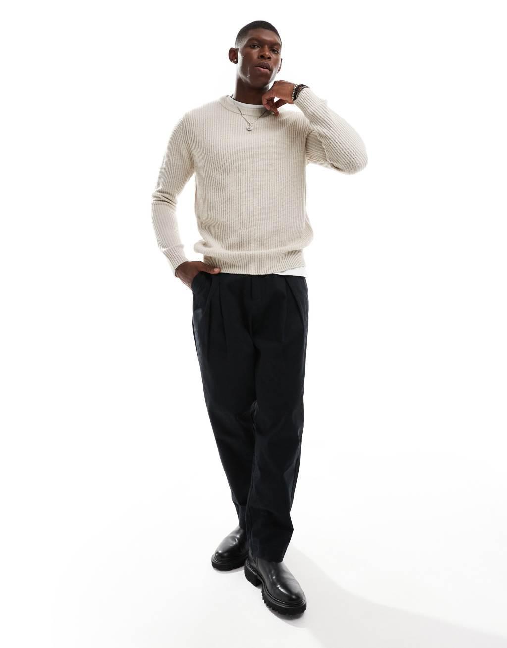 JJ Rebel ribbed crew neck sweater in beige Product Image