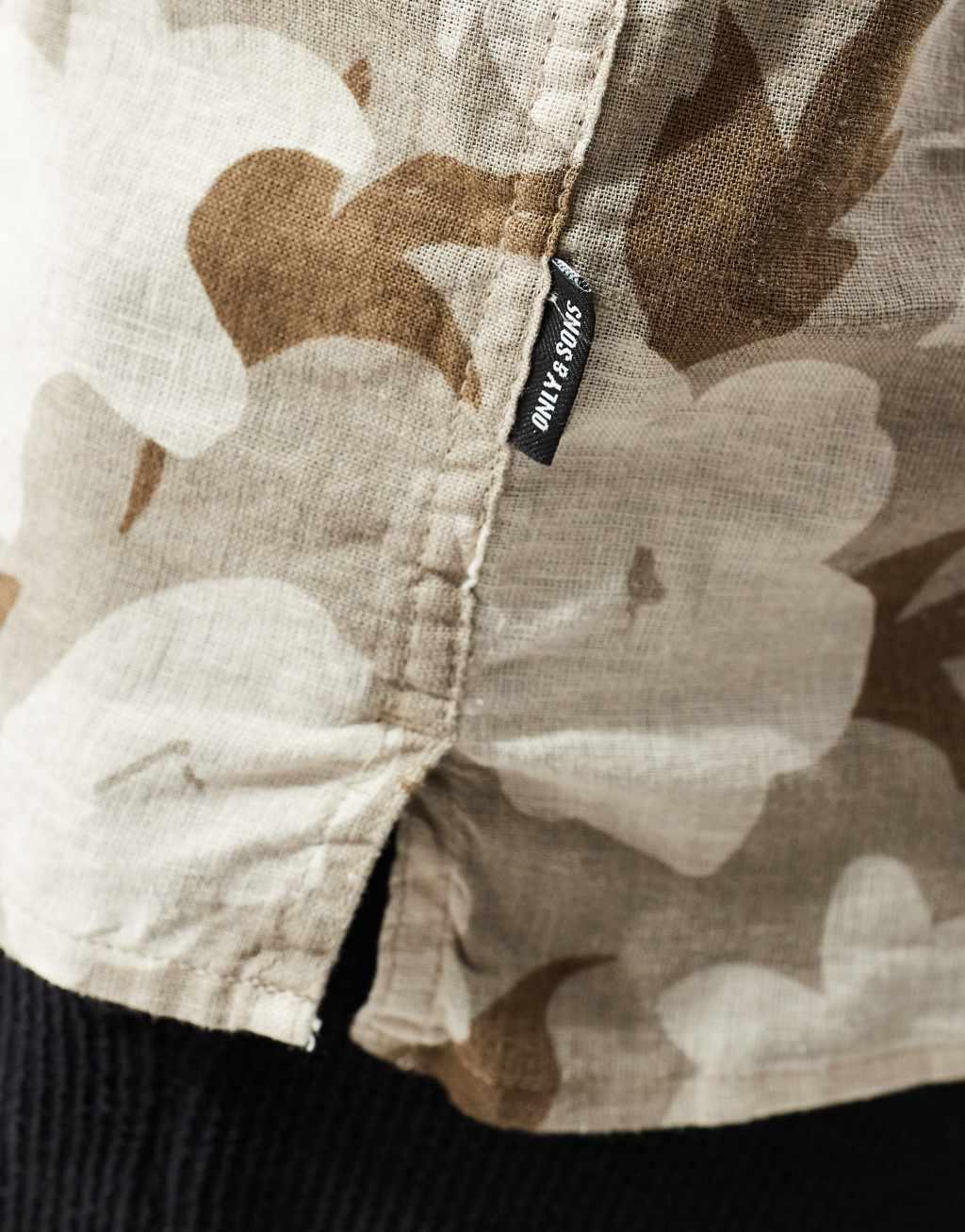 Only & Sons linen mix revere collar floral shirt in beige Product Image