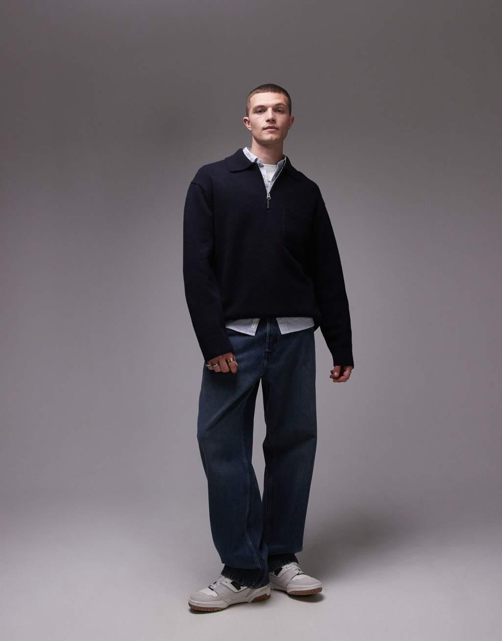 ARKET half zip oversized wool sweater in navy  Product Image