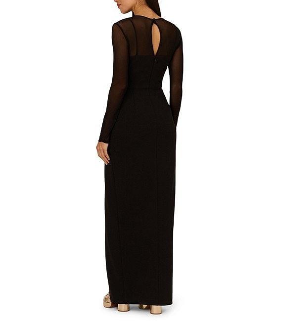 Adrianna Papell Crepe Knit Mock Neck Illusion Long Sleeve Side Slit Sheath Dress Product Image