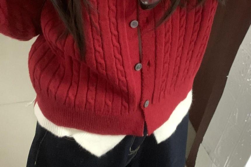 Mock Two-Piece Round Neck Two Tone Cable Knit Cardigan Product Image