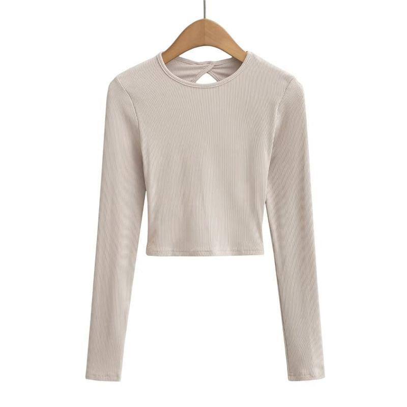 Long-Sleeve Round Neck Tie-Back Plain Crop Top Product Image