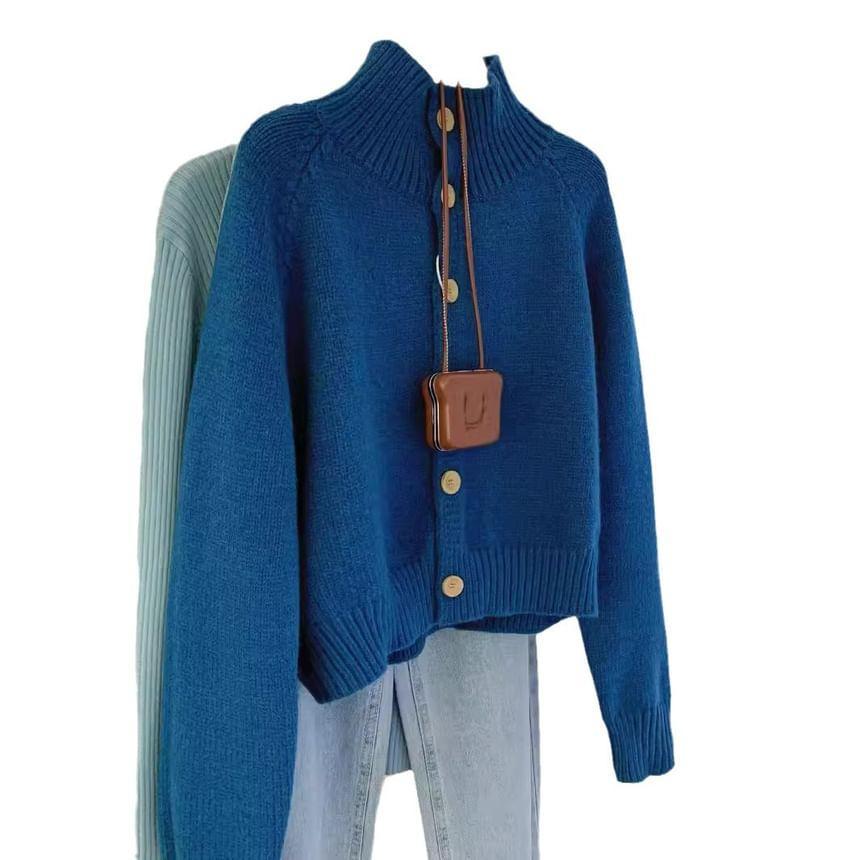 Mock Neck Button-Up Plain Cardigan Product Image