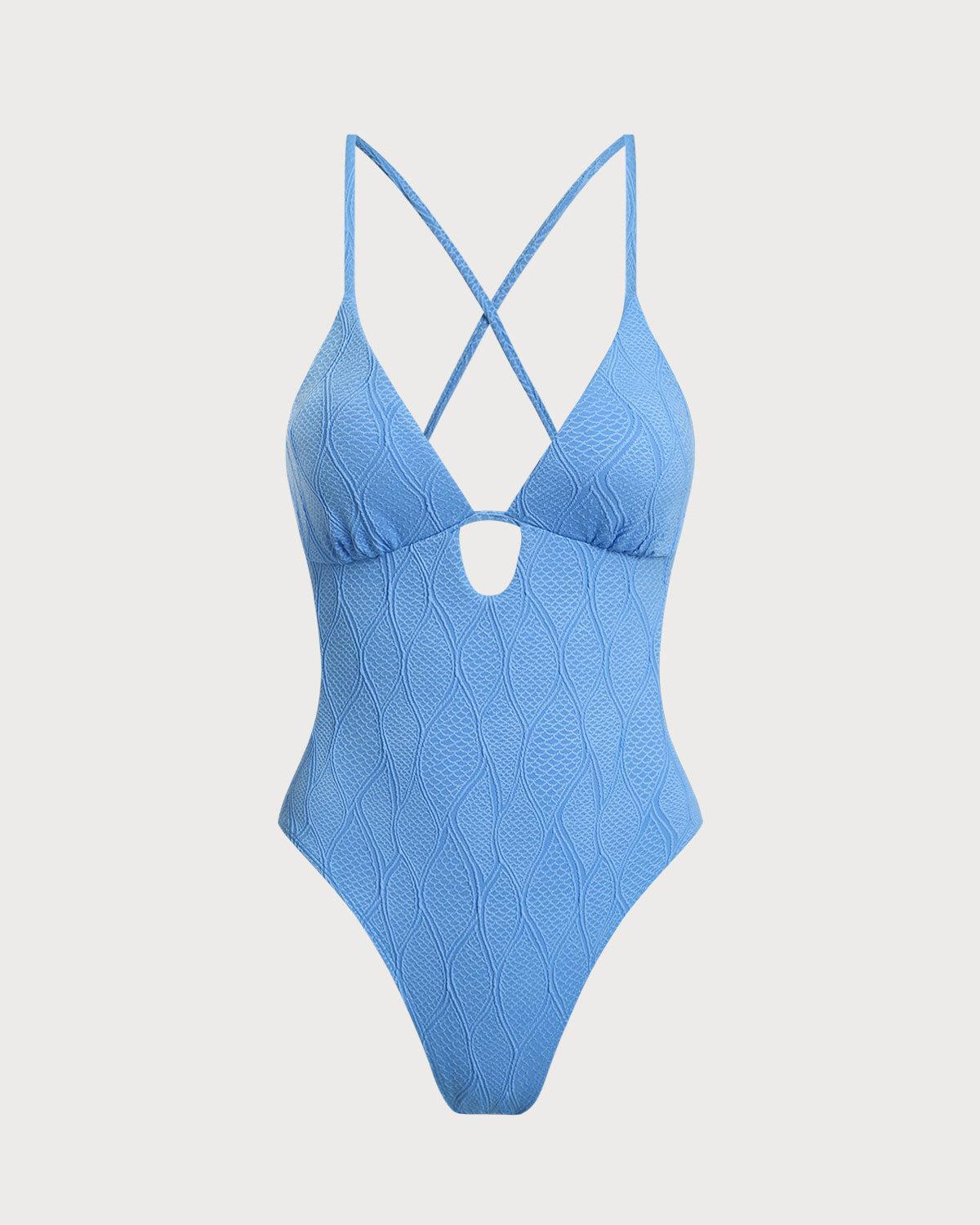 Blue Textured Bralette One-Piece Swimsuit Product Image