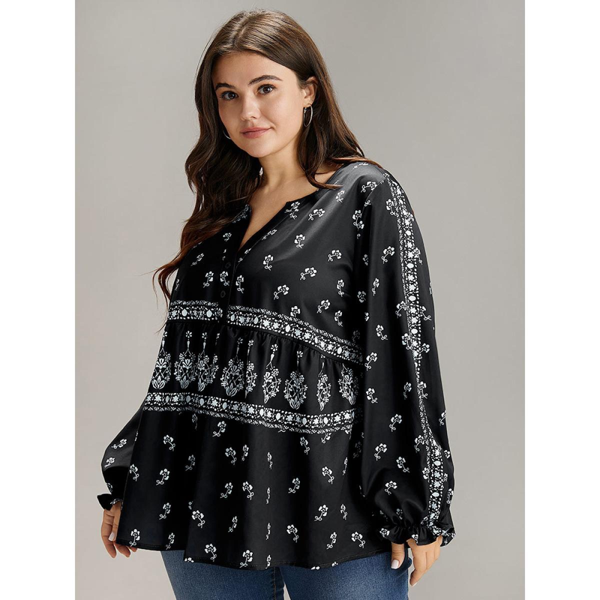 Plus Size Black Bandana Print Flutter Trim Blouse Women Resort Long Sleeve V-neck Vacation Blouses BloomChic 10/M Product Image