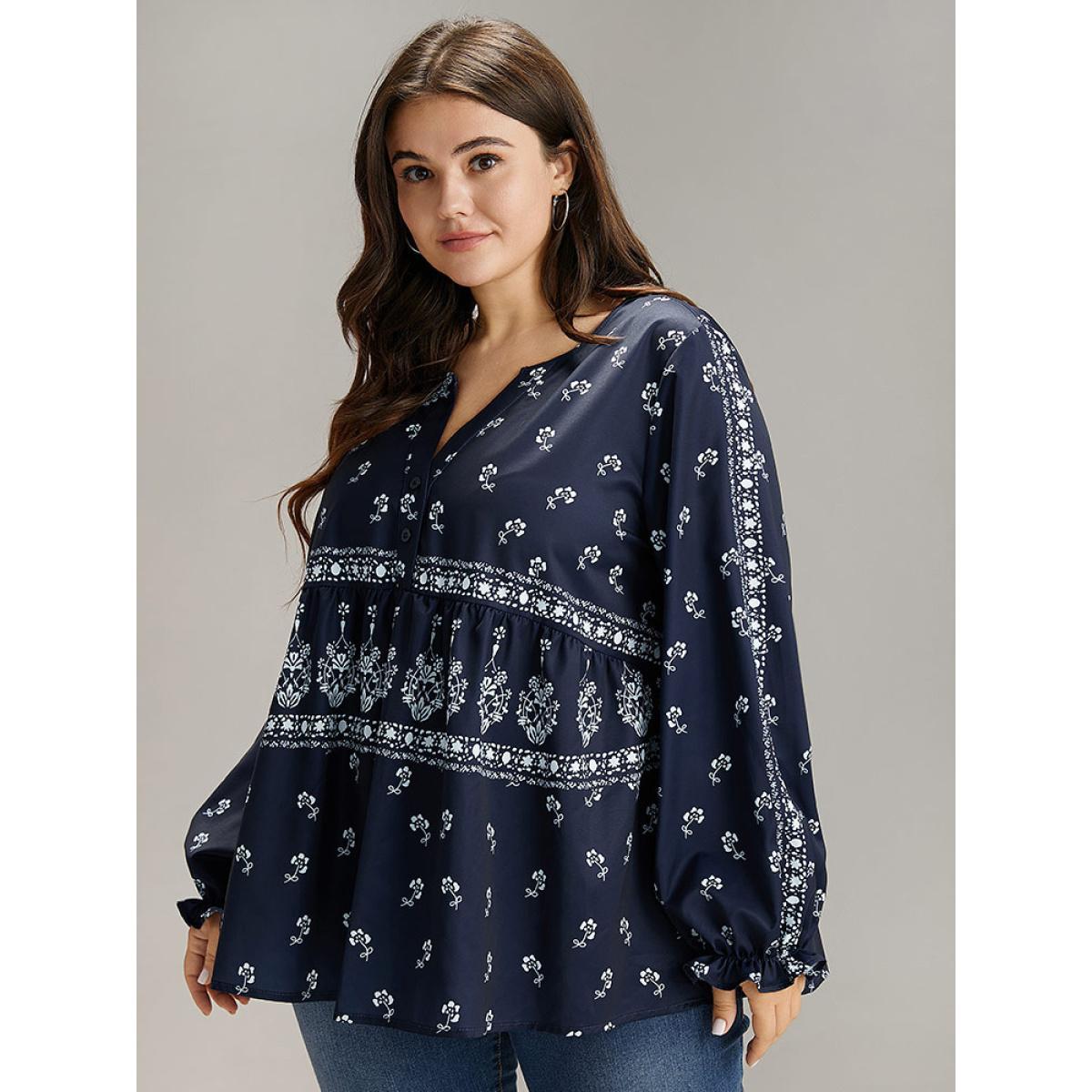Plus Size Indigo Bandana Print Flutter Trim Blouse Women Resort Long Sleeve V-neck Vacation Blouses BloomChic 10/M Product Image