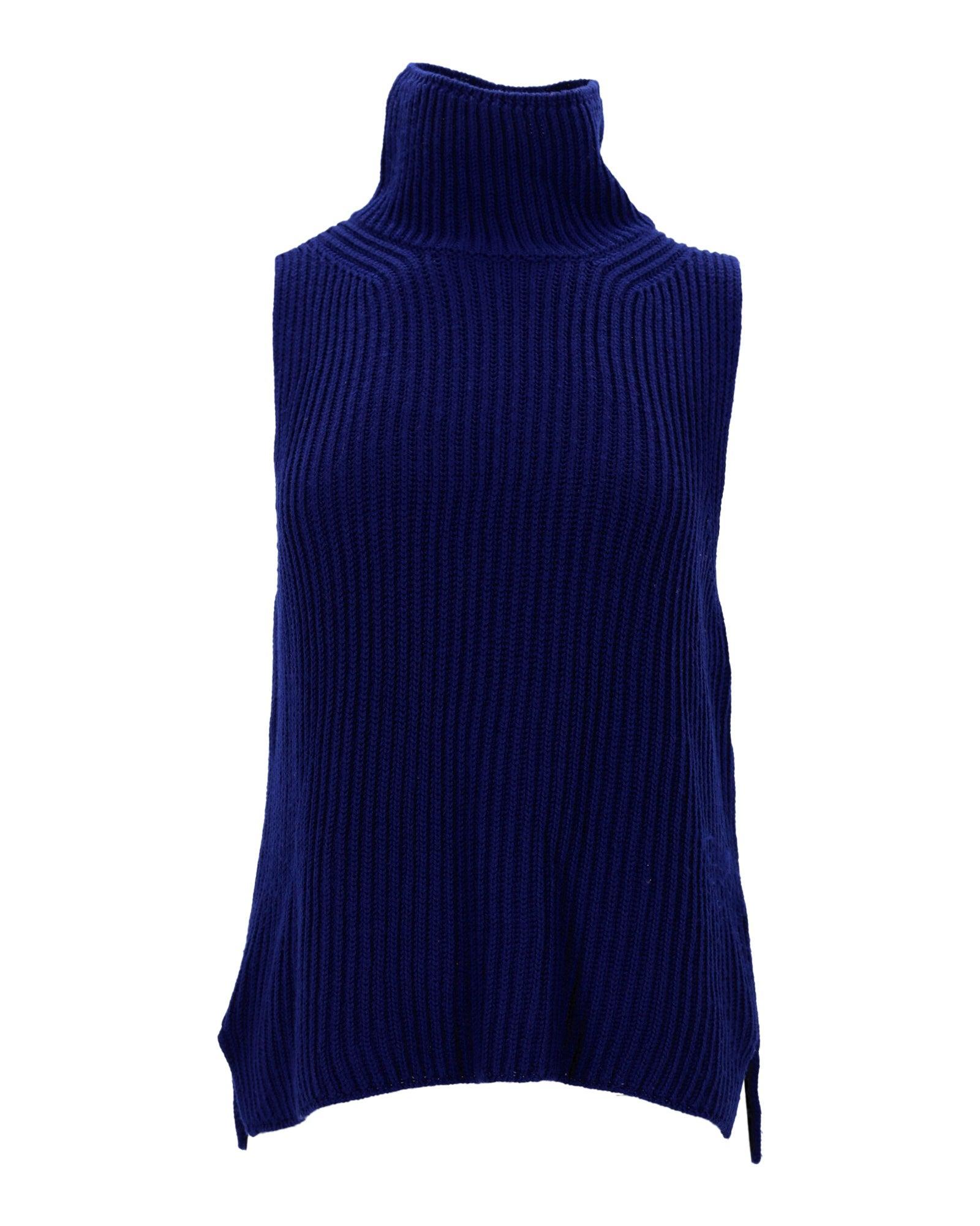 MAX MARA Weekend Ribbed Sleeveless Turtleneck Top In Navy Blue Wool Product Image