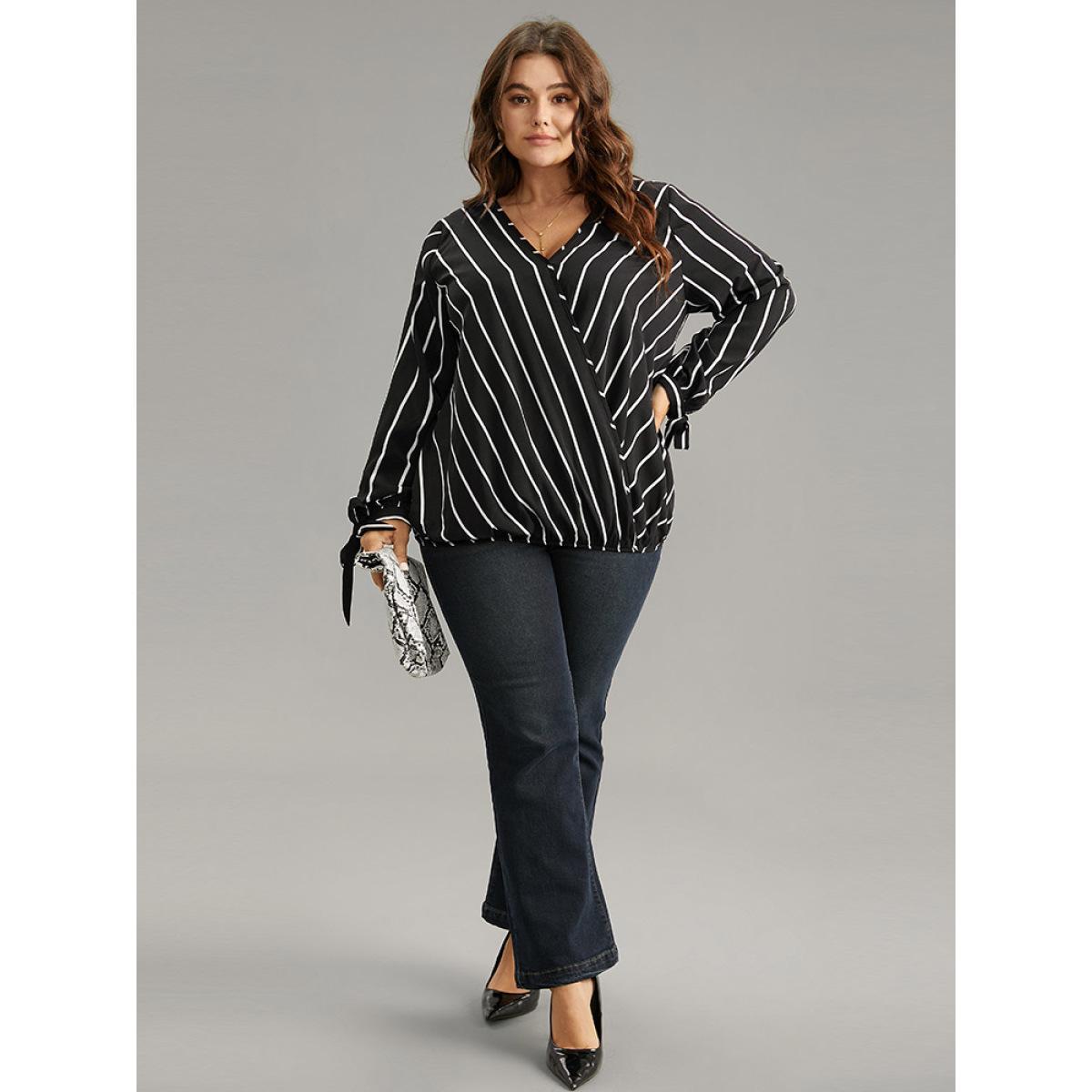 Plus Size Black Striped Bowknot Cuffs Surplice Neck Blouse Women Office Long Sleeve Overlap Collar Work Blouses BloomChic 12/L Product Image
